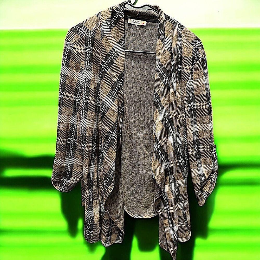 Soleillee Plaid Open Front Cardigan LARE / XL
